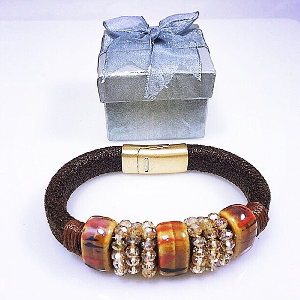 Faux Leather Brown Beaded Bangle